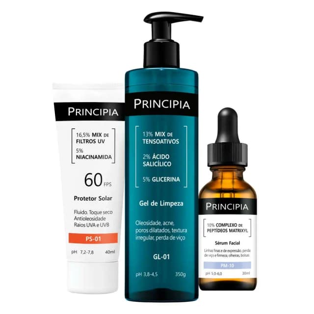 Principia Kit Antissinais Trio Gel de Limpeza GL-01 pele oleosa, Sérum Peptídeos (maciez e viço) e Protetor Solar Facial FPS 60 Kit