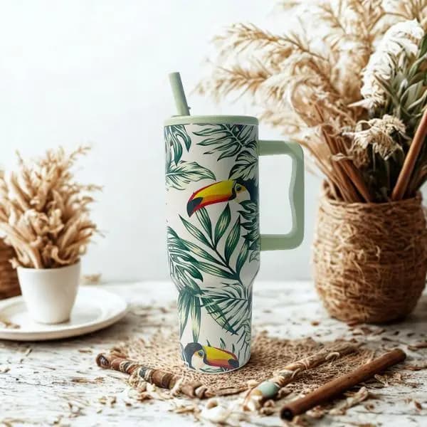 Tucano Copo Térmico Alça e Canudo Personalizado Estampado Fauna 1200ML Aço Inoxidável Isolado para Bebidas de Viagem