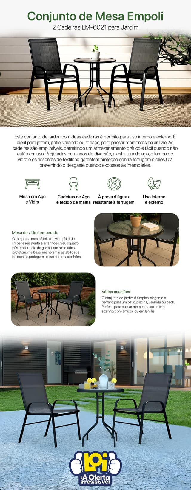 Conjunto de Mesa com 2 Cadeiras Empoli EM-6021 para Jardim