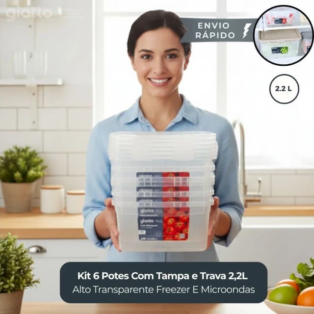 Kit 6 Potes Com Tampa e Trava 2,2L Alto Transparente Armazenamento de alimentos cozinha casa