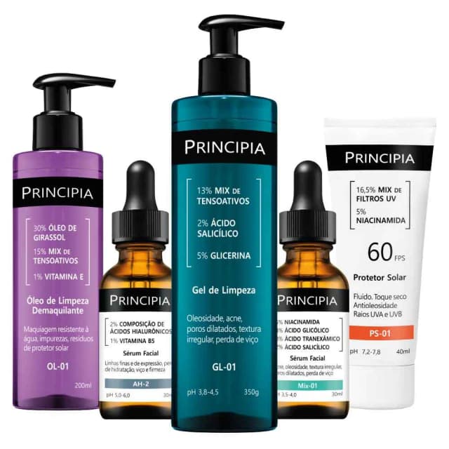Principia Kit Completo Antiacne e Demaquilante Essencial - Gel de Limpeza peles oleosas + Sérum MIX-01 (oleosidade, acne)+ Protetor solar facial PS-01 + Óleo de Limpeza OL-01 + Sérum Hialurônico AH-2 (linhas finas expressão))