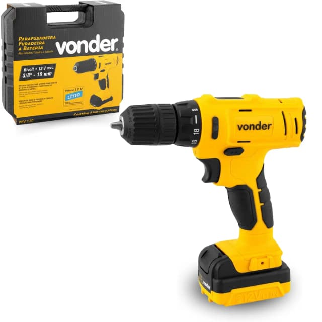 Vonder Parafusadeira e Furadeira a Bateria 12V PFV 120 Bivolt com 18 Posições de Torque e 16mm em Madeira ABNT NBR IEC 60745-1