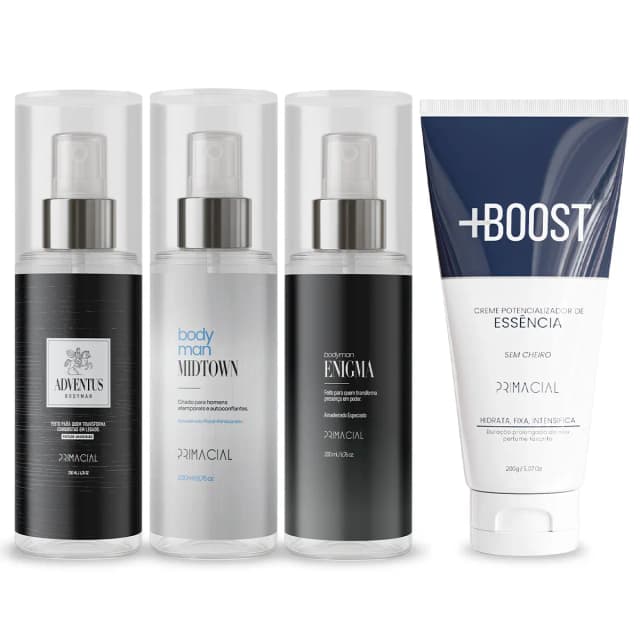Kit Creme e Body Splash Masculino Adventus, Midtown e Enigma By Primacial Perfumação Leve Hidratação Diária Fragrância Masculina