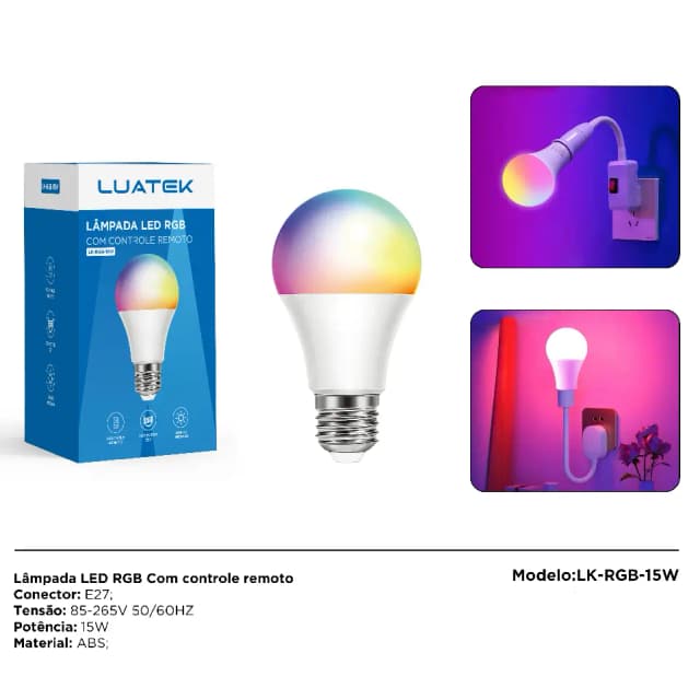 Lâmpada Led Rgbw Bulbo 15w Bivolt E27 com Controle Remoto 16 Cores