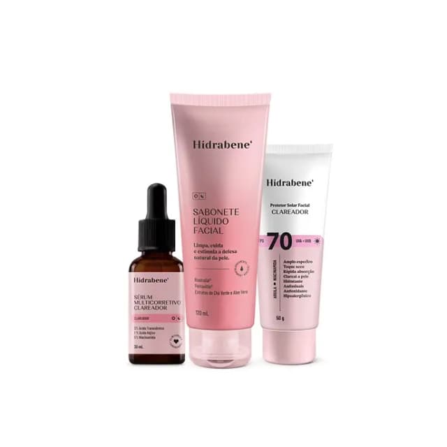 Kit Clareador Facial - Protetor Solar Facial FPS70 Clareador 50g + Sérum Multicorretivo Clareador 30ml + Sabonete Líquido Facial 120ml