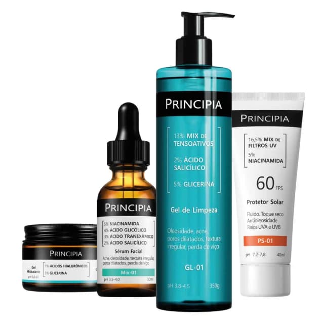 Principia Kit Anti-acne Essencial - GH-01 Gel hidratante (firmeza e viço)+ MIX 01 (oleosidade)+ GL 01 (impurezas)+ PS 01 protetor solar facial
