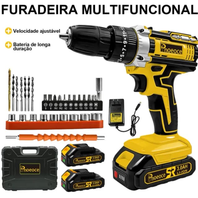 PNOEOCE Furadeira Parafusadeira 48V Sem Fio | 2 Baterias + Kit Completo | Multifuncional Alta Potência