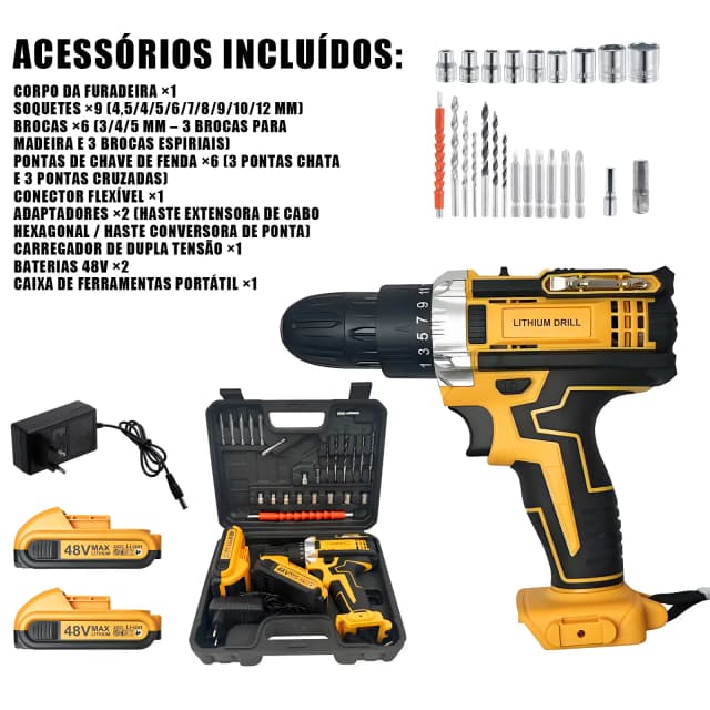 【Peter recomenda】Parafusadeira Furadeira 48V 2 Baterias Com Maleta e Acessórios Completo- ABiaoshop