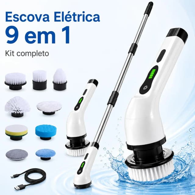 Escova de limpeza elétrica multifuncional 9 em 1, retrátil - com cabo estendido para banheiro, cozinha e quarto