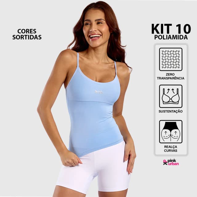Kit 10 Regata Alça Fina Fitness Blusa Feminino Liso Poliamida Slim Camiseta Academia Revenda Atacado